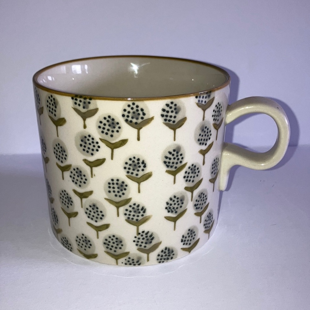 Sarah Golden Hand Stamped Floral Patterned Largemouth Cream Mug Pottery 20 oz